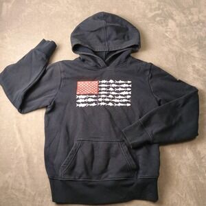 Columbia PFG Hoodie Boys 10-12 Blue Fleece Pullover Fish Flag Graphic USA